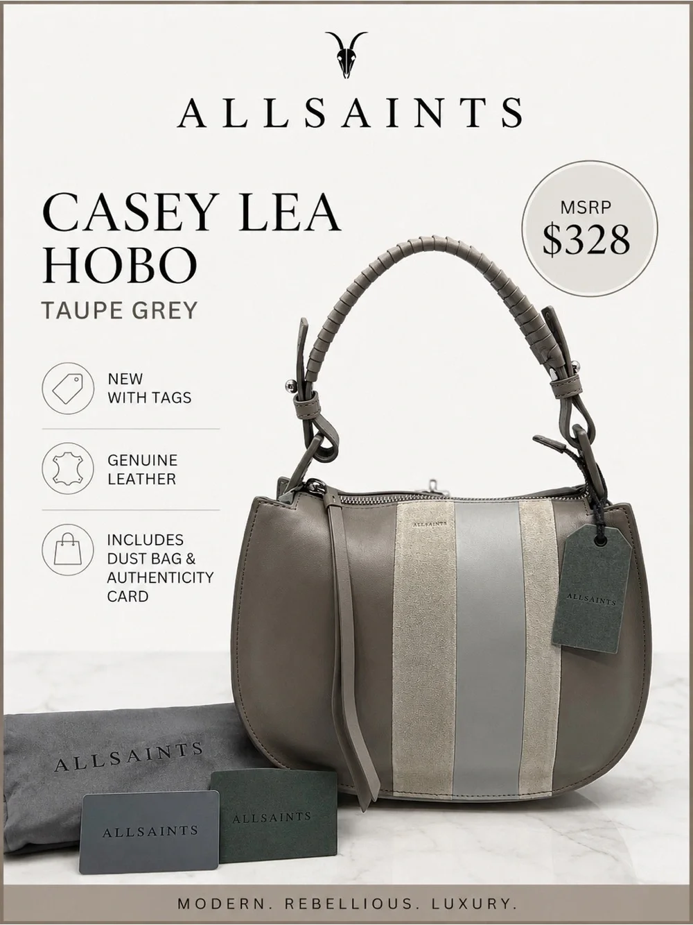 AllSaints Casey Lea Hobo Taupe Grey Leather Bag NWT MSRP $328 w/ Dust Bag